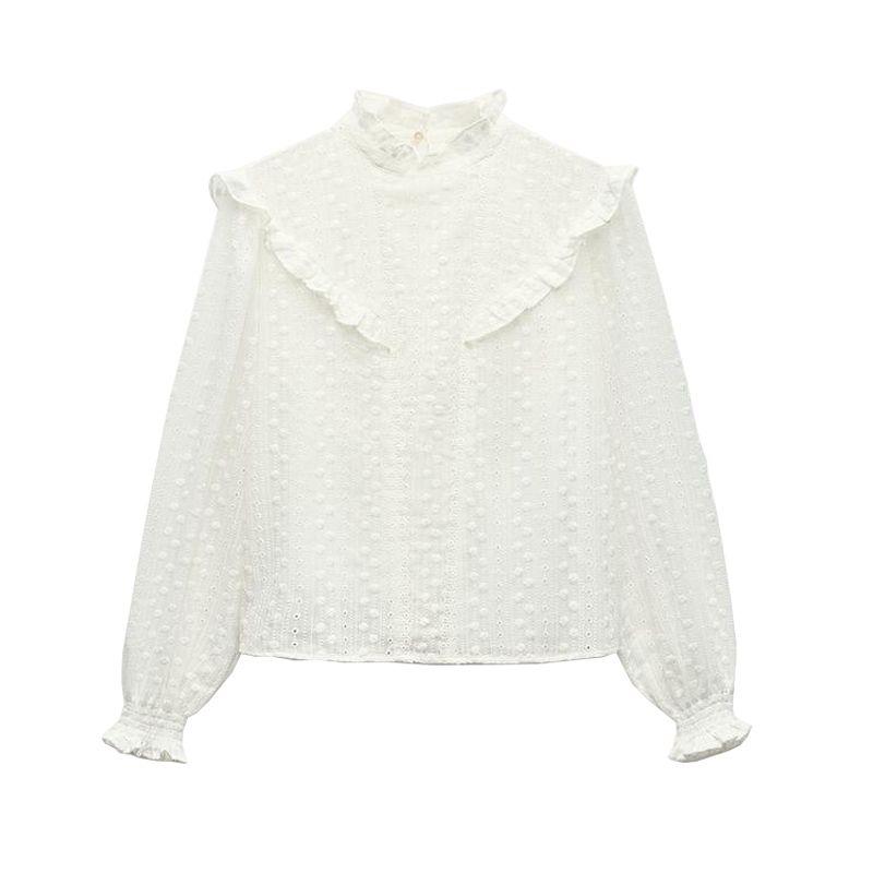 

Spring New Women clothes Hollow Embroidery French style Romantic Style Stand Collar White Short sleeve Shirts 4387234 White L