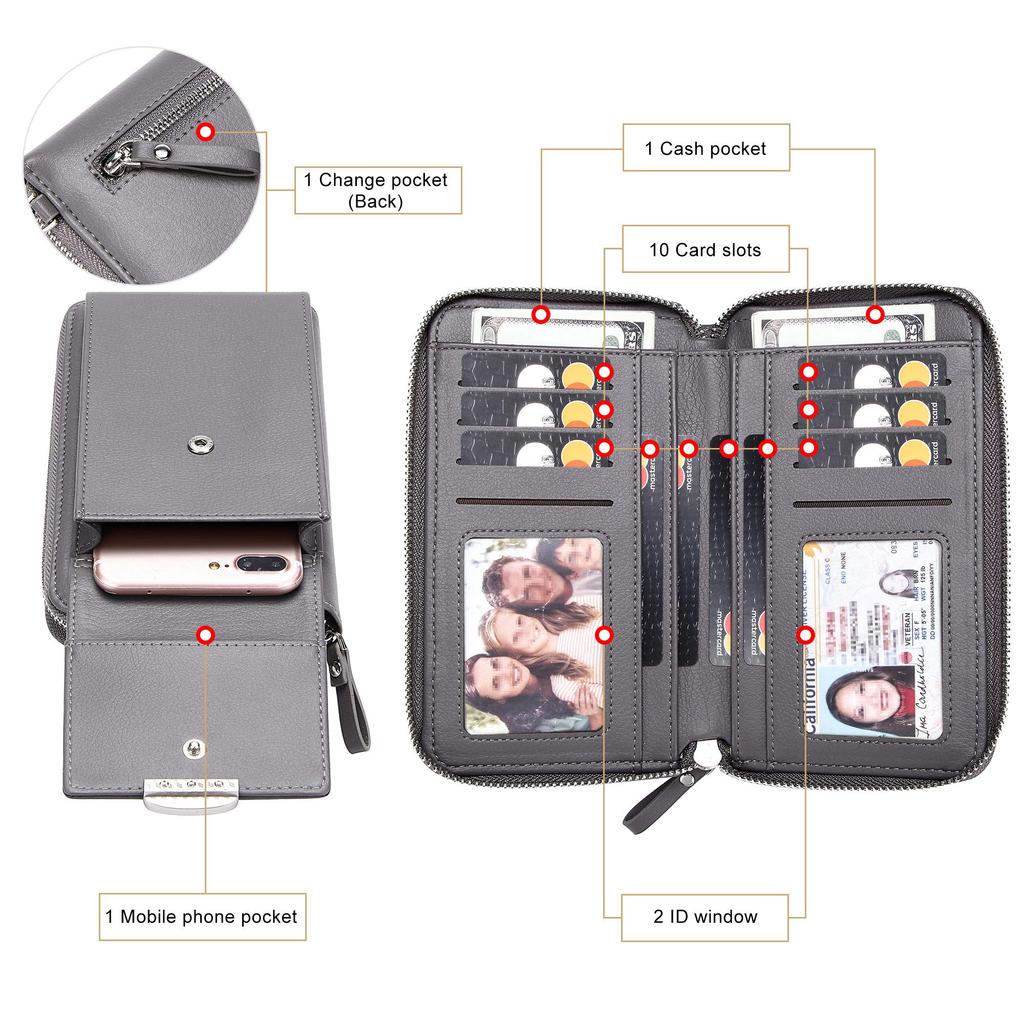 KUKOO Small Crossbody Bag Mobile Phone Wallet with Credit Card Slot for Zipper Upgraded Women, A-Gray Version, One_size