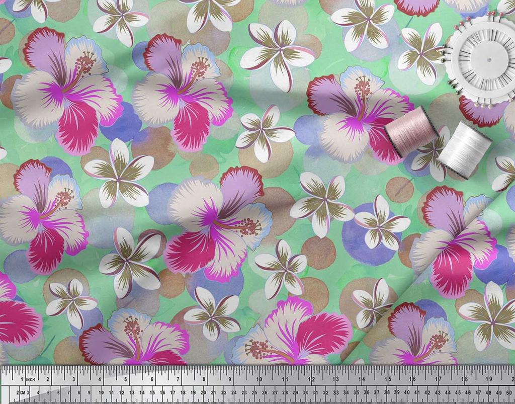 Soimoi Japan Crepe Satin Fabric Leaves & Plumeria Flower Decor Fabric Printed Metre 42 Inch