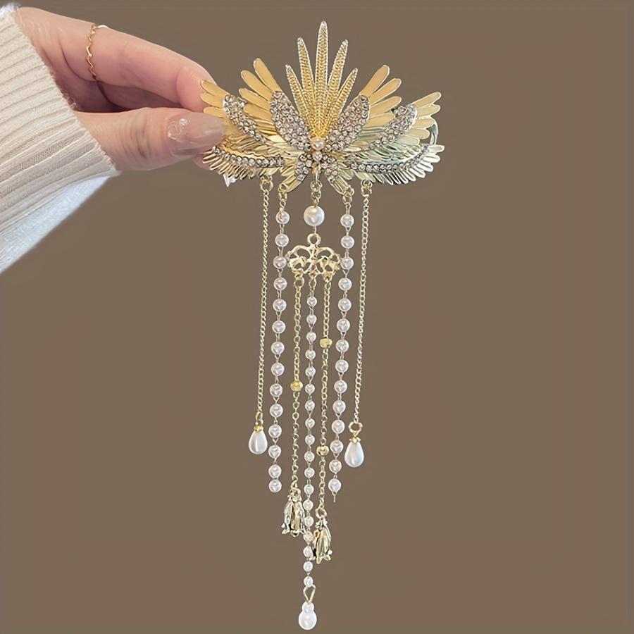 Vintage-Inspired Angel Wings Hair Clip Exquisite Faux Pearl Tassels Rhinestone Embellishments Zinc Alloy Metal Hairpin