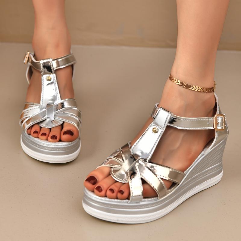 Fashion Fashion Silver Cross Strap Gladiator Sandals Women Summer Round Toe Wedge Heel Back Strap Sandals Chunky Platform Beach Shoes
