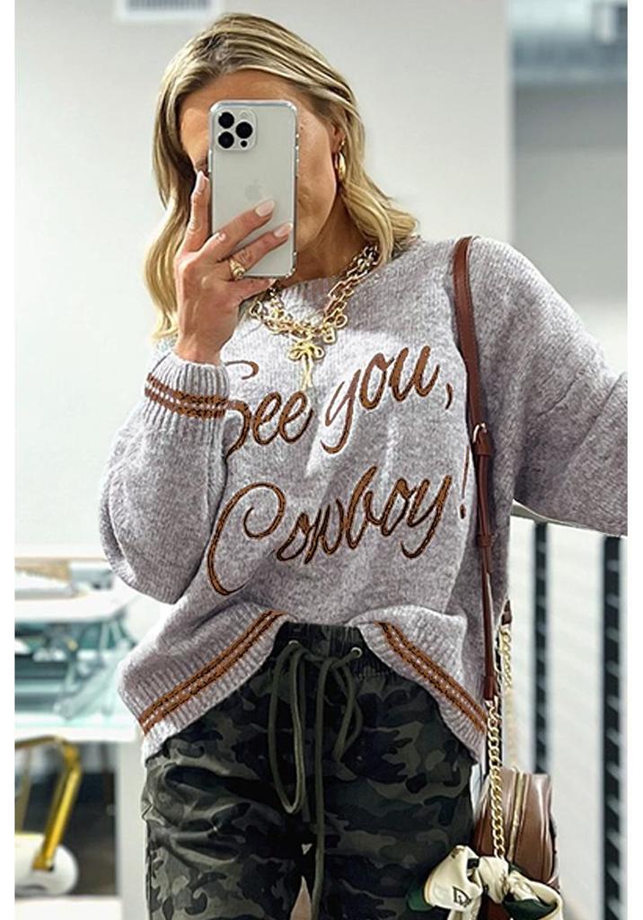 2025 Winter Women's Fashion: Warm Drop Shoulder Letter Embroidery Knit Pullover Sweater