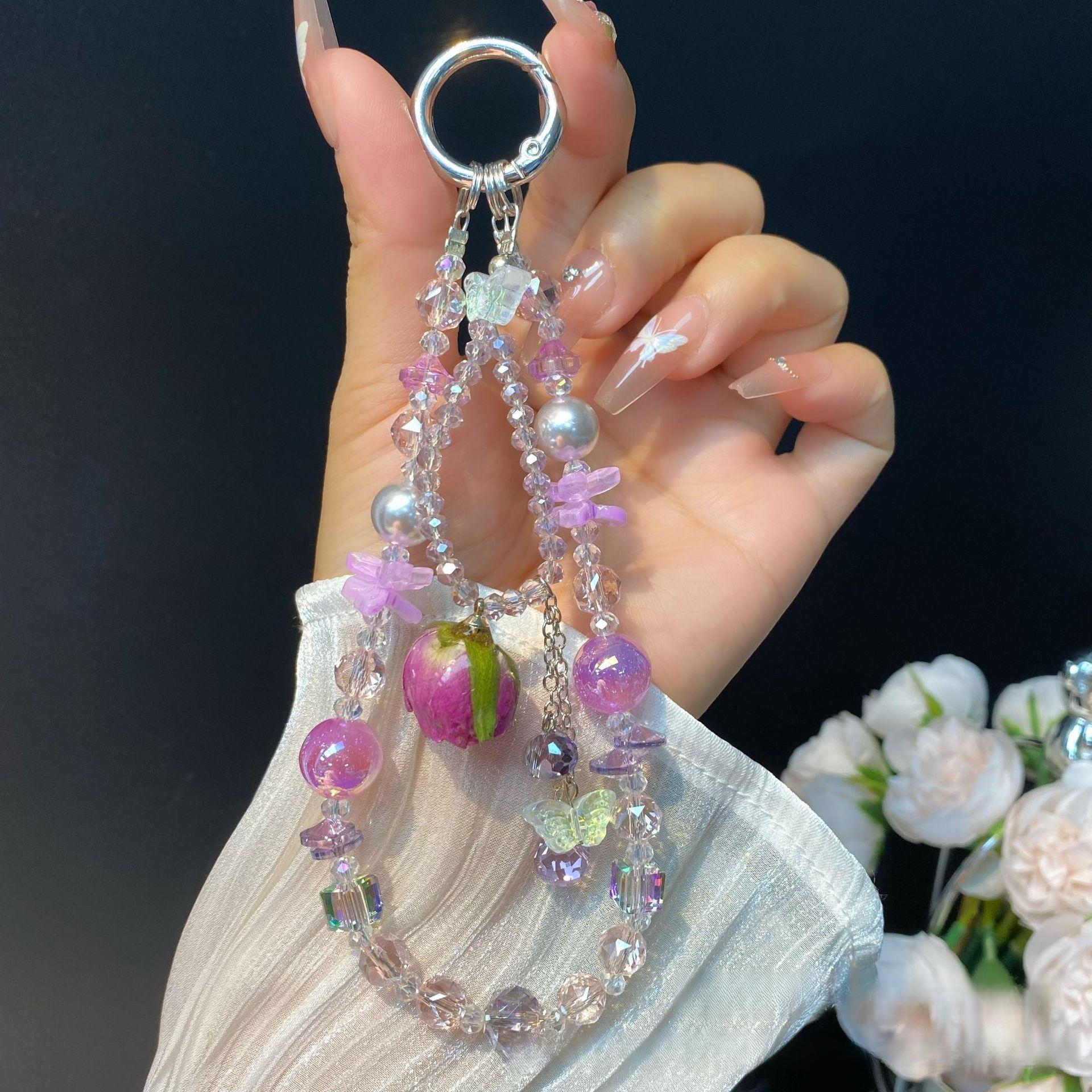 

Artificial Rose Flower Phone Chain Epoxy Flower Pendant Phone Strap Crystal Beaded Chain Short Hanging Decoration Wholesale білий
