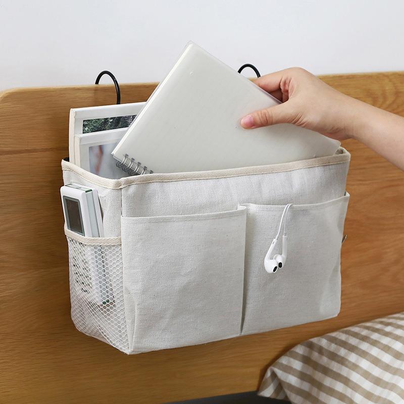 Scandinavian Bedside Hanging Basket Canvas Linen Storage Pouch Wall Organizer for Dorm College Student Bedroom Essentials