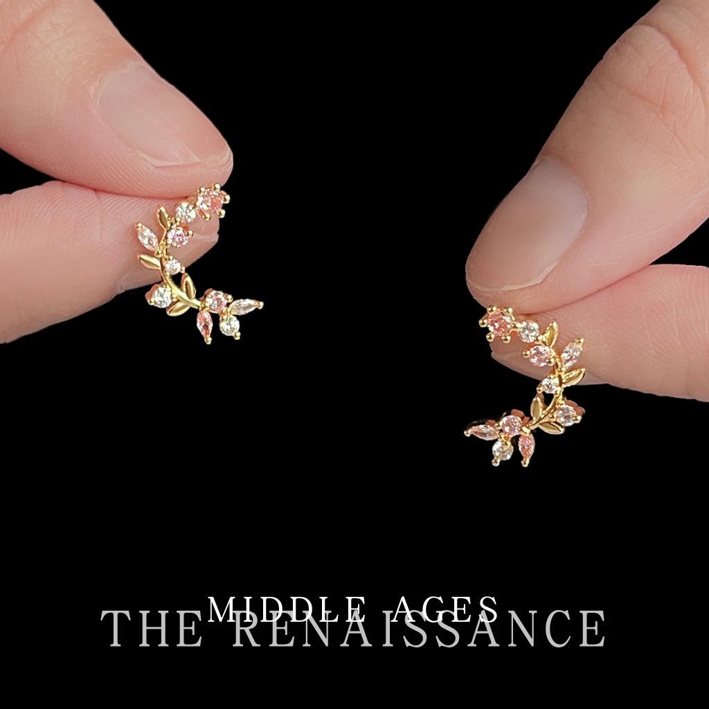 Light French C-shaped micro-zircon garland leaf earrings sweet small fresh temperament earrings