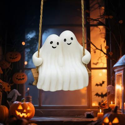 Halloween Couple Ghost Swing Statue Resin White Ghost Swinging Figurine Cute Ghost