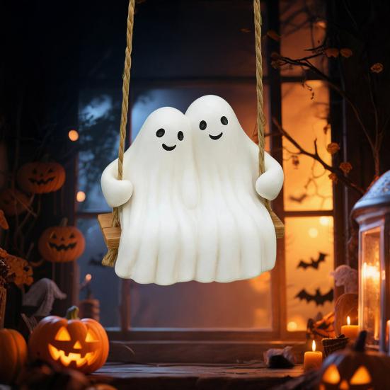 Halloween Couple Ghost Swing Statue Resin White Ghost Swinging Figurine Cute Ghost Sculpture for Garden Patio Yard Decor