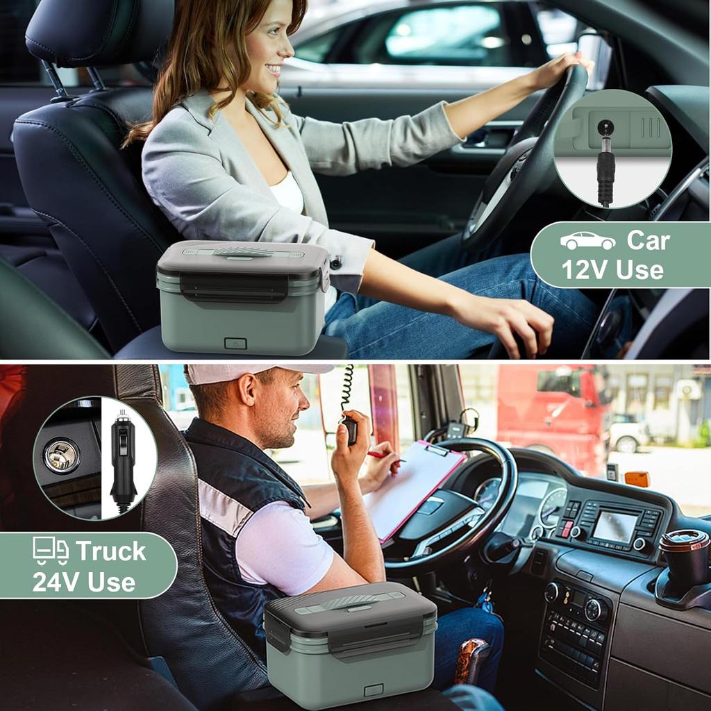 Electric Heated Lunch Box 2-Pack, Portable 12V/24V/110V, Stainless Steel Container with Fork Spoon for Work/Car