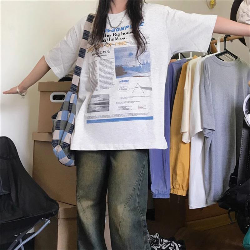 Dámské americké retro volné nadměrné ležérní tričko s krátkým rukávem z čisté bavlny