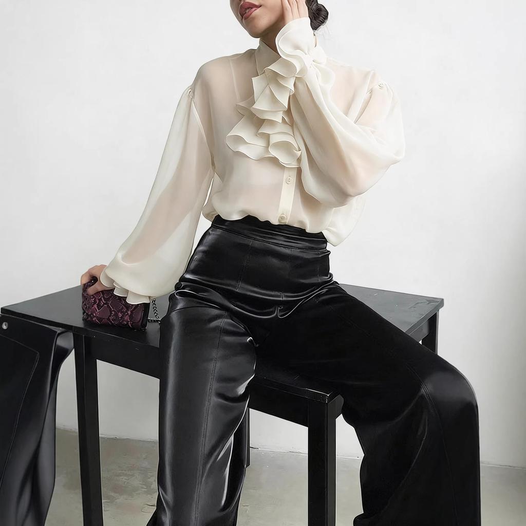 1116 Spring New French Retro Court Style Long-sleeved Ruffle Edge Slim-fitting Design Chiffon Shirt Top