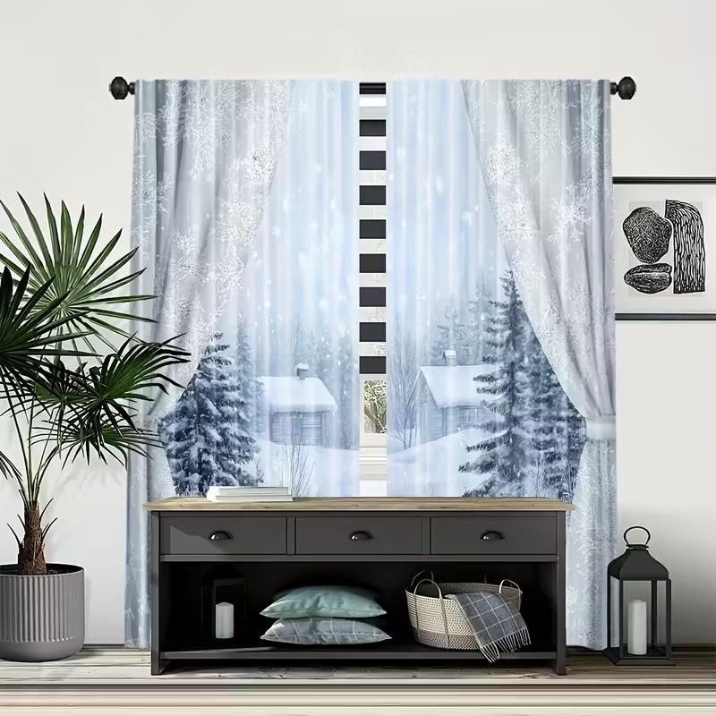 Set Of 2 Snowflake Winter Cabin Curtains Sheer Polyester Christmas Holiday Cozy Window Decor Living Room Bedroom Curtain With Perfect For Area