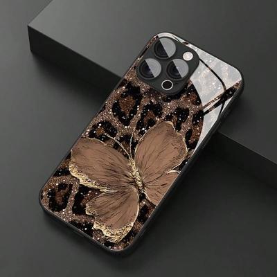 Luxusní černý kryt na telefon z tvrzeného skla s motivem motýla a leoparda pro Samsung Galaxy S25 S24 S23 Ultra Plus FE