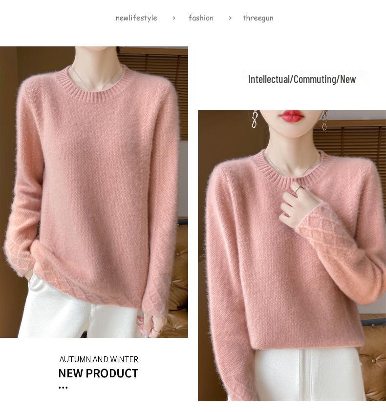 Women's 100% Wool Thick Knitted Slim Sweater, Round Neck, Versatile Base Layer for Autumn/Winter Fashion.