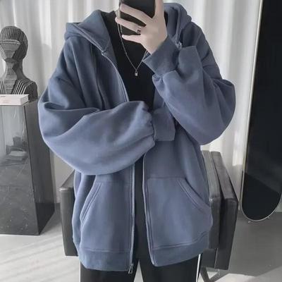 Herren-Strickjacke im koreanischen Stil mit Kapuze: Trendiges Herbst-/Winter-Sweatshirt mit Reißverschluss und Samt, lockere Passform, einfarbig.