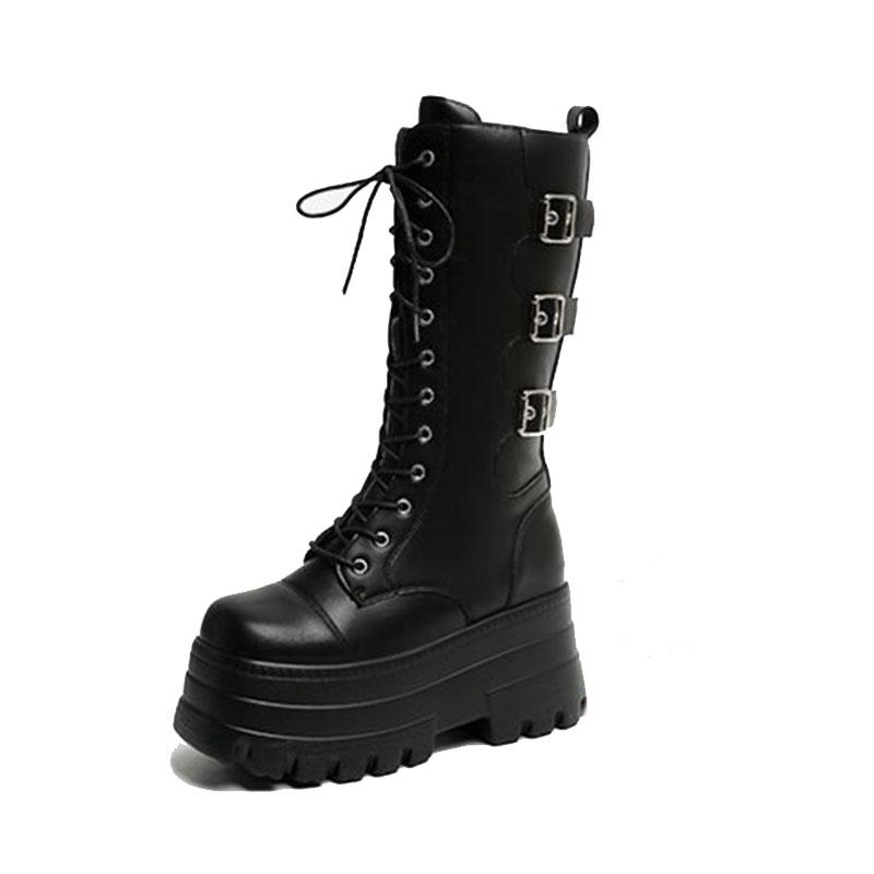 Fashion New Women's Roman Long Boots Autumn Winter Mid-calf Leather Punk Shoe Chunky Platform Casual Knight Boots High Heel Botas Mujer