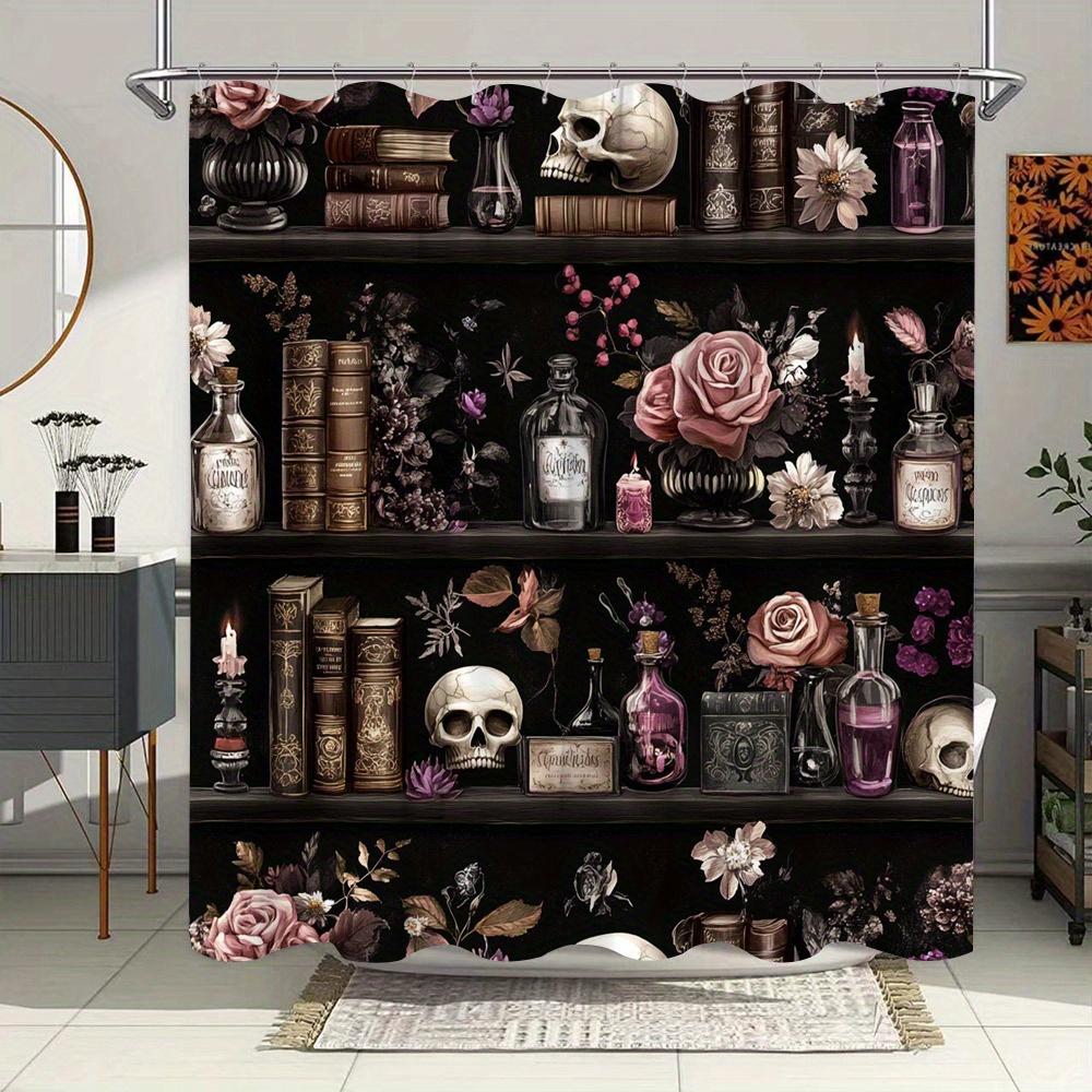 

Gothic Mystery Bookshelf Shower Curtain - Vintage Skulls & Potions, Black Polyester,12 Hooks, Dark Aesthetic, Halloween Decor W90xH180cm