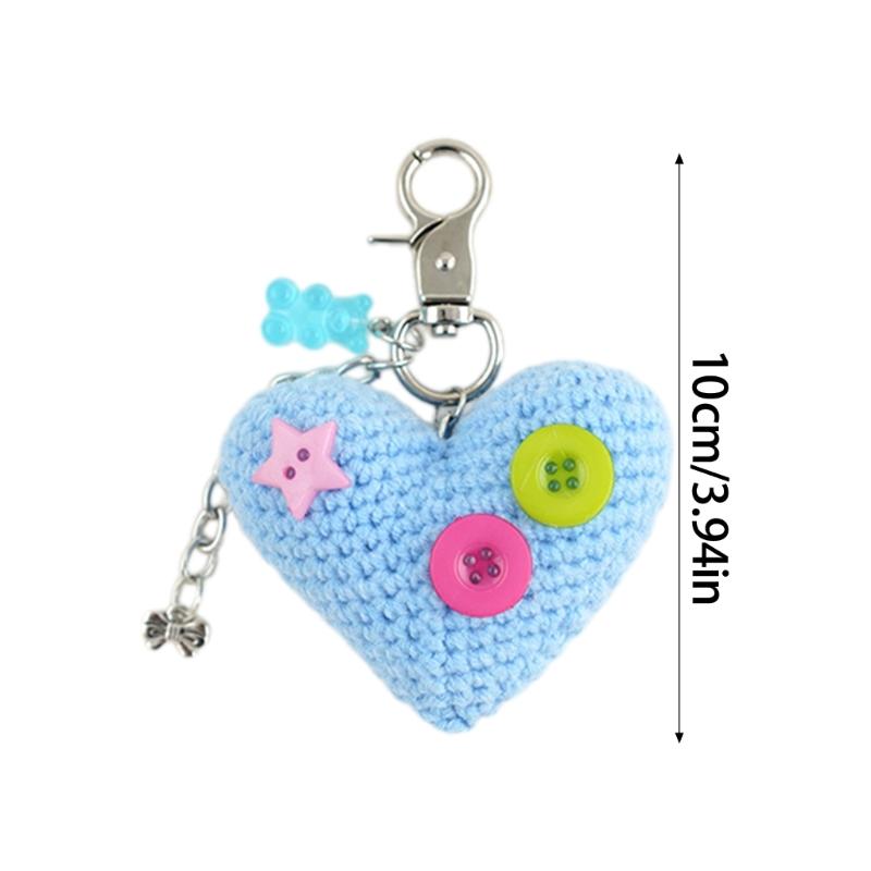 Handwoven Heart Pendant Keychain with Button Bowknot Cute Bear Keyring Handmade Women Jewelry Bag Backpack Accessories