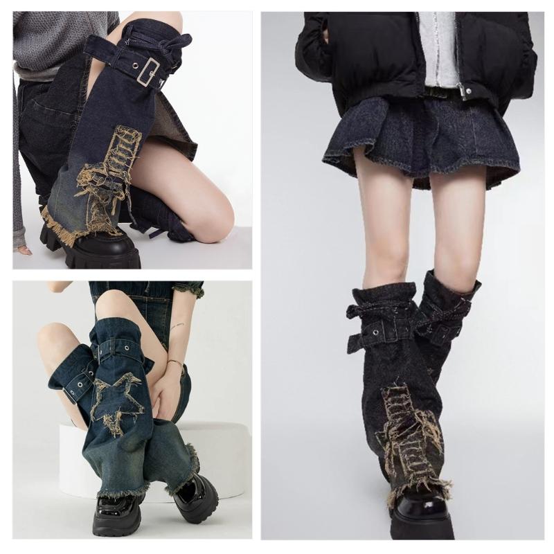 Japanese Women Buckled Strap Distressed Crosses Star Jeans Leg Warmers Harajuku Punk Flared Leg Cover Baggy Long Socks