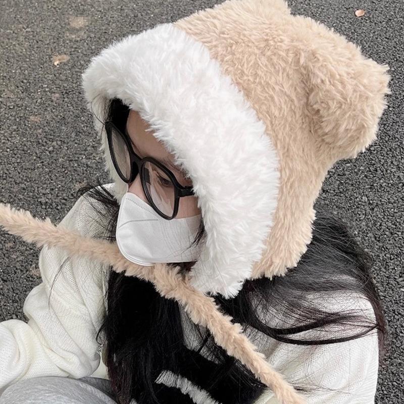 Contrast Color Bear Ear Hat Women's Winter Versatile Plush Hat Thickened Warm Cycling Tide