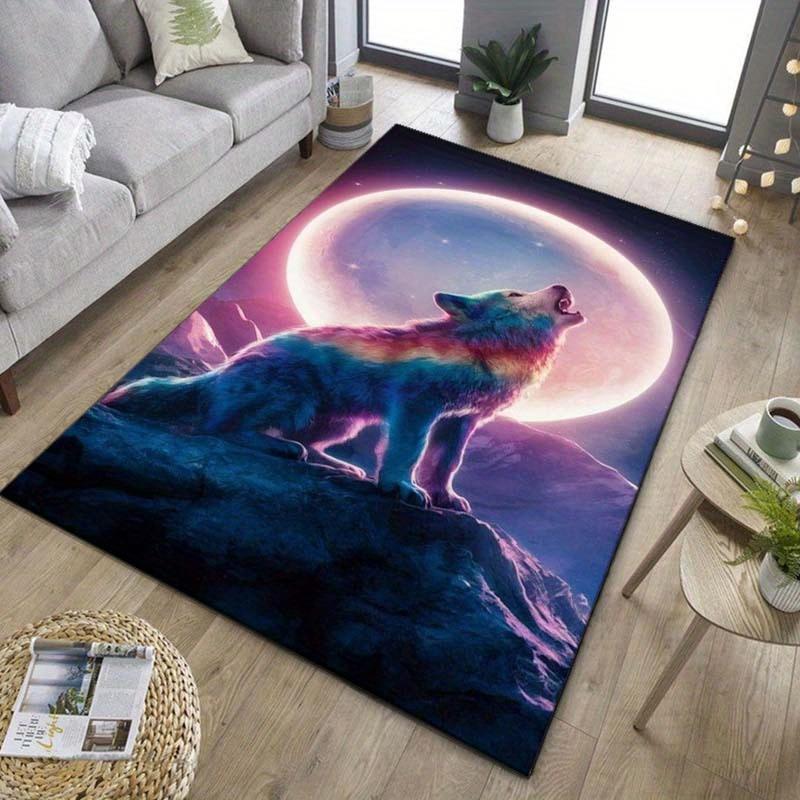 Wolf Howling At the Moon Rug ModernFantasyDesign for Living SpacesTrendy Home Decor Items Anti Slip Carpet Can Be Machine Washed