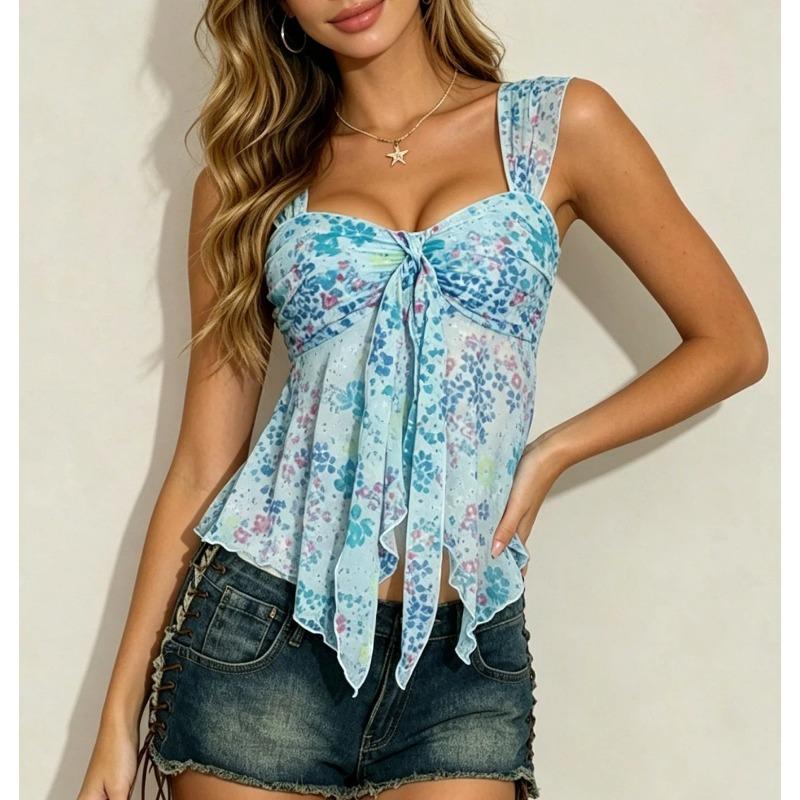 Women Summer Sheer Floral Print Strappy Sleeveless Ladies Cami Tank Top XS синий