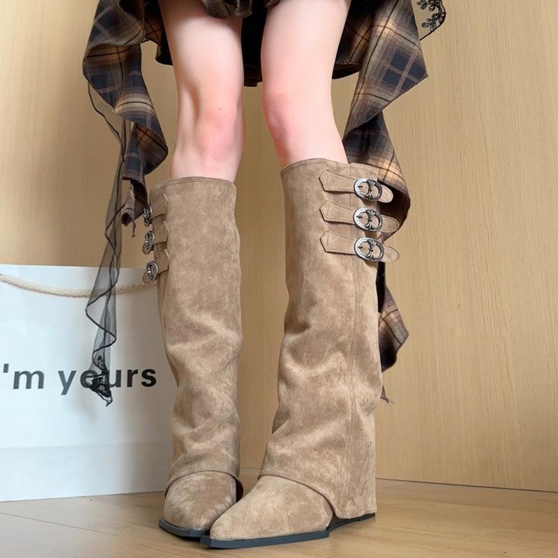 Niche design pointed trousers boots autumn new versatile tall knight boots belt buckle boots