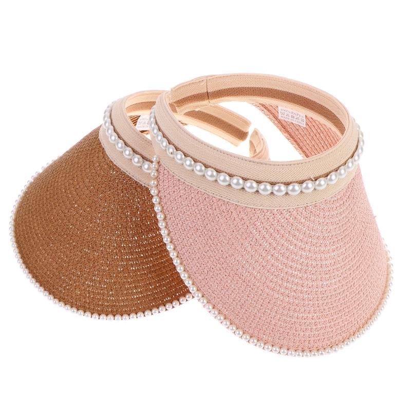 Imitation Pearl Empty Top Straw Hats For Women Casual Summer Beach Visor Caps Foldable Wide Large Brim Sun Uv Protection Caps