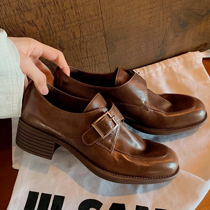 Sheepskin~ Round Head Leather Platform Loafers Women's Buckle Strap Thick Heel Oxford Shoes British with Skirt Lazy Small Leather Shoes