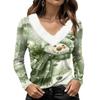 Women's Long Sleeve V-Neck Christmas Top with Collar, Snowflake and Christmas Tree Print