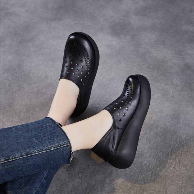 Johnature Echtes Leder Ausgeschnittene Keilsandalen mit dicker Sohle Bequeme und atmungsaktive Damen-Schlupfschuhe