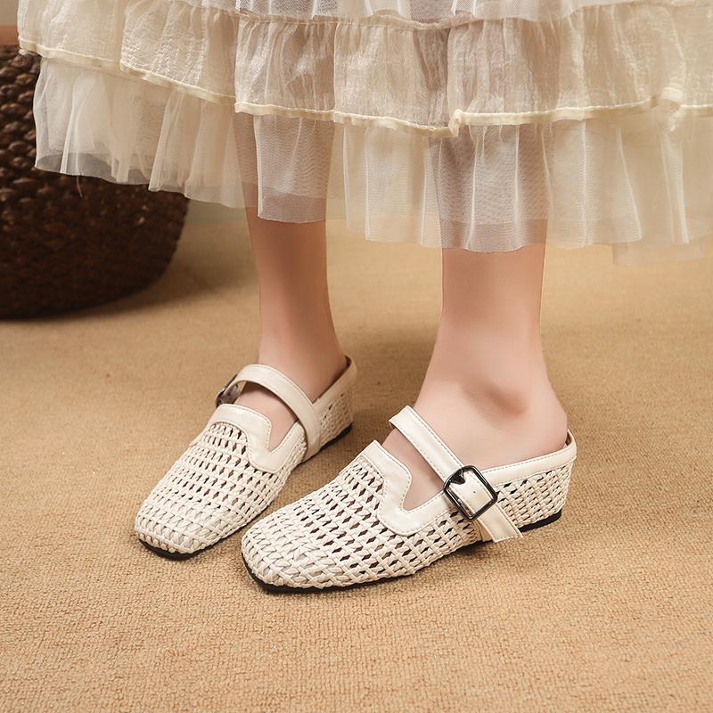 New Fashion Mesh Slippers Design Sandals for Women Square Toe Wedge Heel 5.5cm Belt Buckle Slip On Mules Leisure Shoes