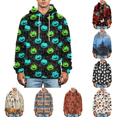 Męska Jesień Zima Nadruk Halloweenowy Duży Rozmiar Bluza z Kapturem Flanelowa Casualowa Modna Streetwear