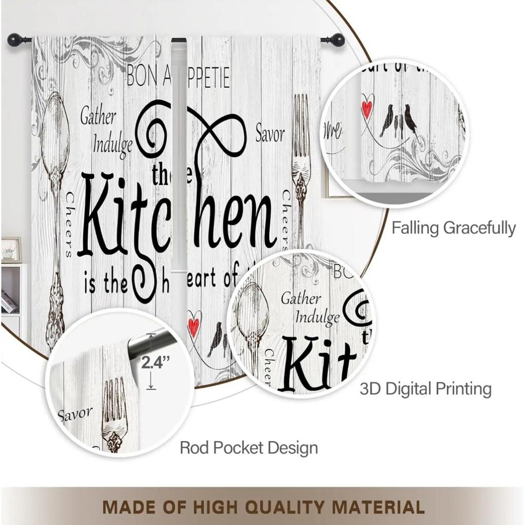 Retro Creative Print Curtain Kitchen Dining Room Living Decoration Set Of 2 Made Polyester With Rod Pocket Washable Sitting Ready