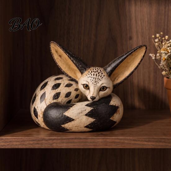 Hand Painted Home Accent Pieces Fox Figurine Sitting Resting Pose, Wood Carved Style Resin Animal Statue, Figurines for Decor Desktop Office