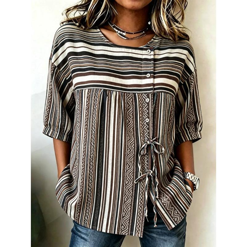 Blouse à rayures multicolores pastel pour femme, boutonnée et à nouer sur le devant, haut décontracté et élégant pour le printemps, l'été, le quotidien et polyvalent