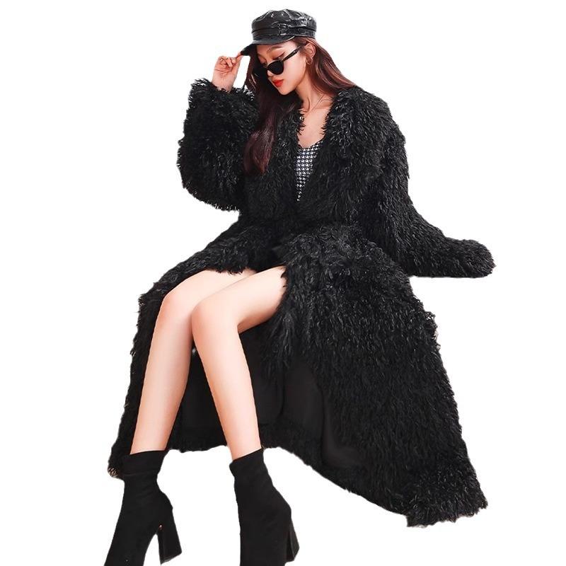 Women's toka roll wool fur coat lamb wool coat lace-up casual warm winter extended plush coat