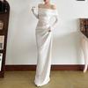 European & American Women's One-Shoulder Mesh Patchwork Evening Gown
