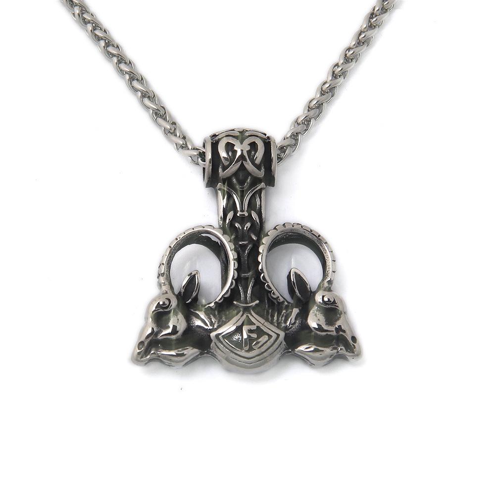 Naszyjnik Młot Thora ze Stali Nierdzewnej - Wikingowski Amulet Mjolnir z Runą Kozła i Zawieszką z Głową Barana dla Męskiej Biżuterii Norse Prezentów