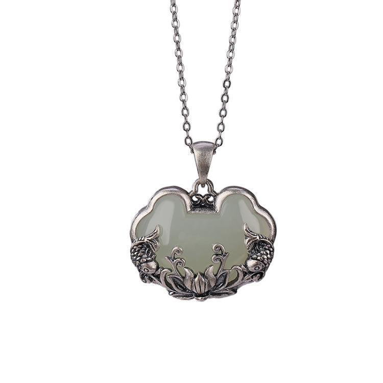S925 Sterling Silver Hetian Jade Carp Lotus Pendant Necklace with Matte Ruyi Floral Charm