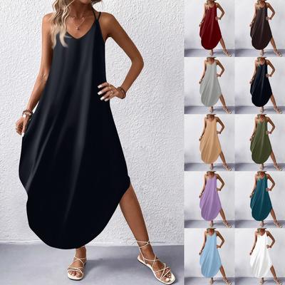 Women's Fashion Casual V-neck Sleeveless  Dresses Print Dresses Beach Long Dresses