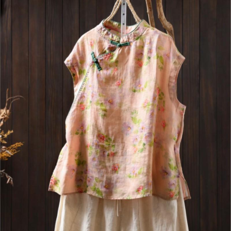 

Johnature Женские рубашки в китайском стиле с цветочным принтом, воротник-стойка, без рукавов, на пуговицах, летние блузки, винтажные женские рубашки One Size