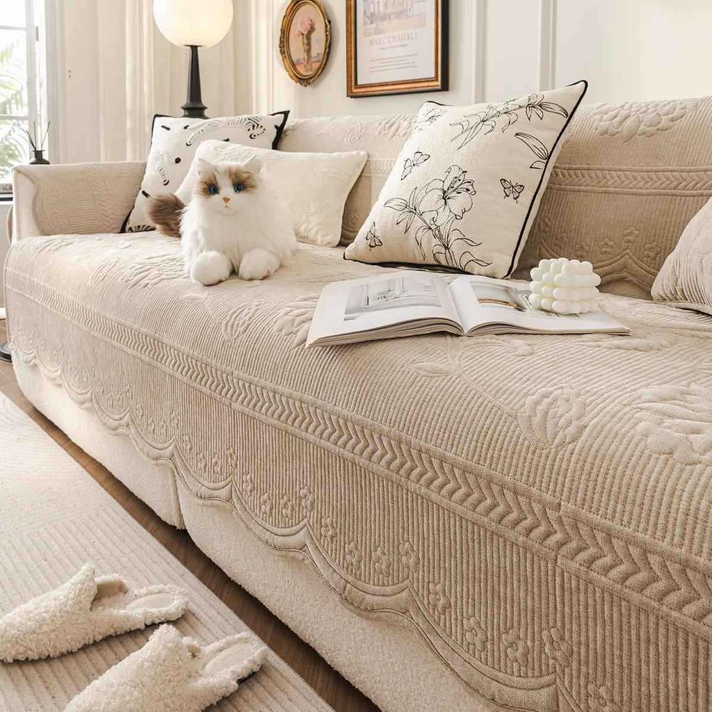 Solid color chenille sofa cushion, high-end sense, universal in all seasons, anti-cat scratch and non-slip, new straight row sofa, seat cushion cover
