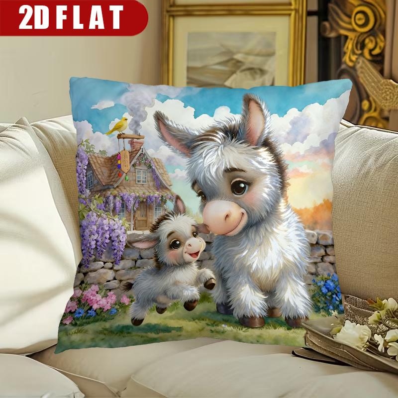 pc D Flat (Pillow Not Included) Cute Donkey Baby Farm House Cushion Cover Short Plush Animal Lover Decor Throw Pillow Case