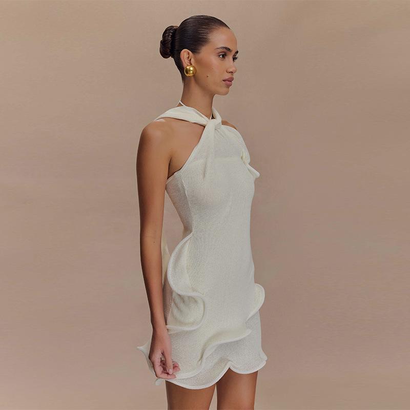Knitted Halter Mini Dress Sleeveless Crochet Ruffled Tights Short Skirt