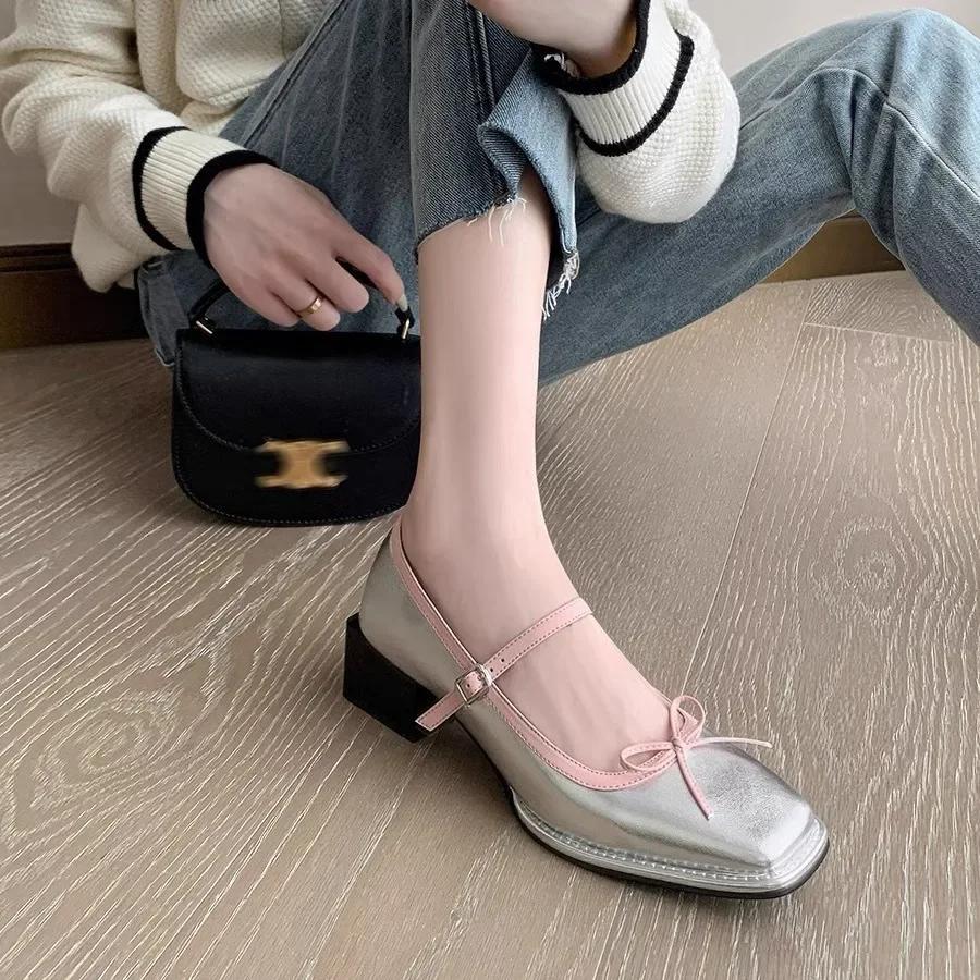 Square Toe High Heels Butterfly-knot Buckle Strap Ladies Shoes Mary Janes Block Heel Women Pumps Party Wedding Shoe