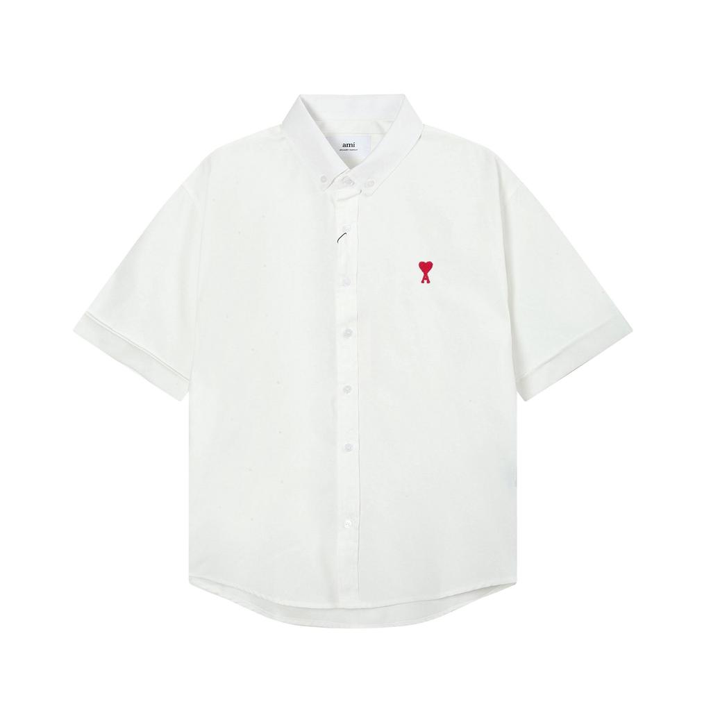 AMI Men's Classic Spring and Autumn Red Heart Embroidered Casual Cotton Solid Color Short Sleeve Shirt On the Chest