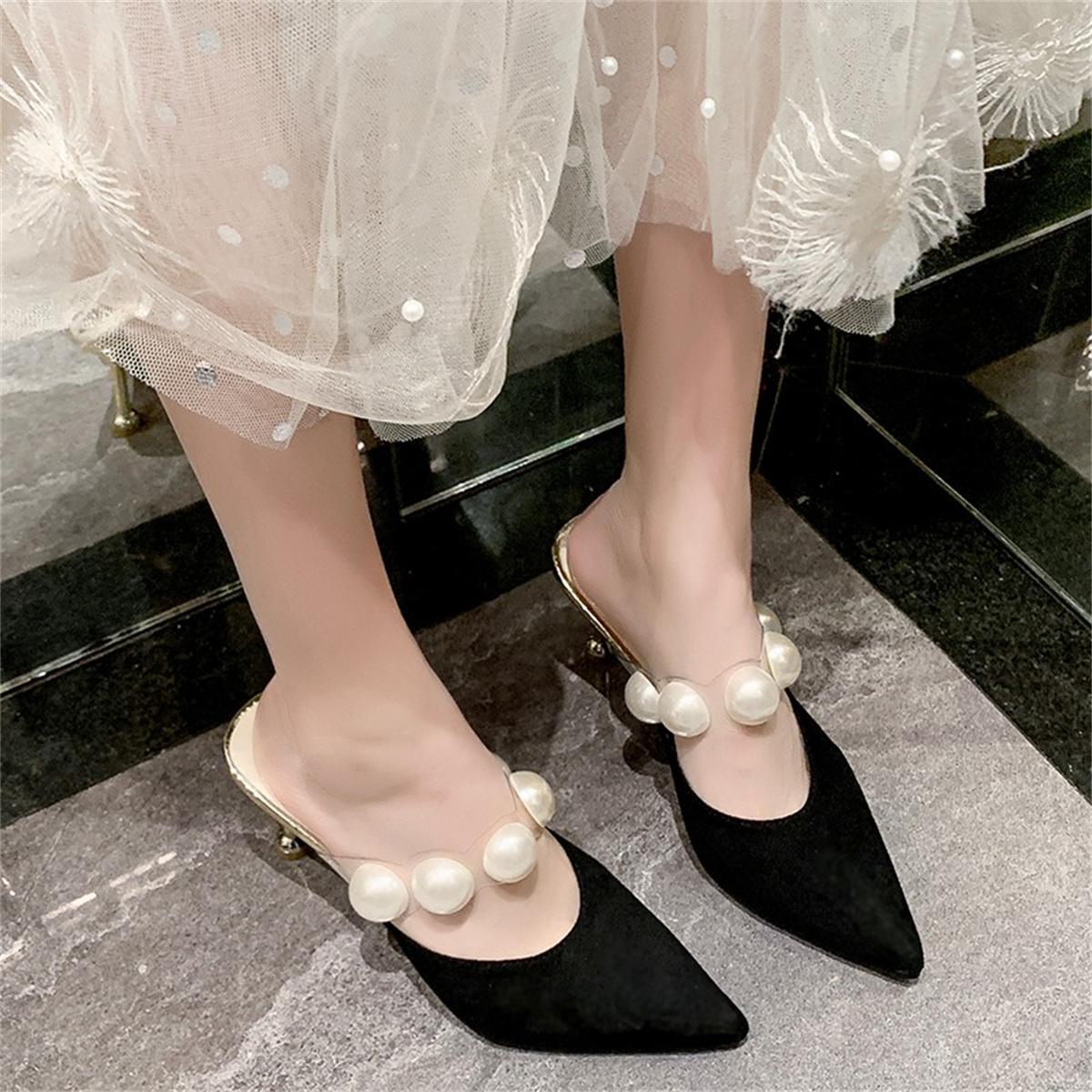 

Fashion 2024 New Fashion Women s Pearl Hoop Slip-on Pointed Toe Square Heel Shoes 40 чёрный