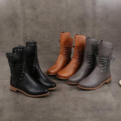 Herbst- und Winterschuhe: Kurzstiefel, Damen Schnürstiefel, Rundspitzige Mid-Calf-Stiefel, Großformatige Flache Stiefel