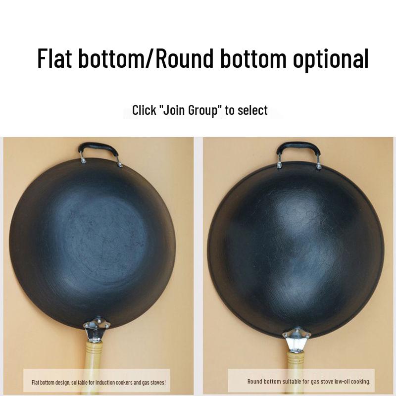 Vintage Uncoated Cast Iron Flat-Bottom Non-Stick Wok, Compatible with Induction & Gas Stoves, Ideal for Rural Household Stir-Fry.