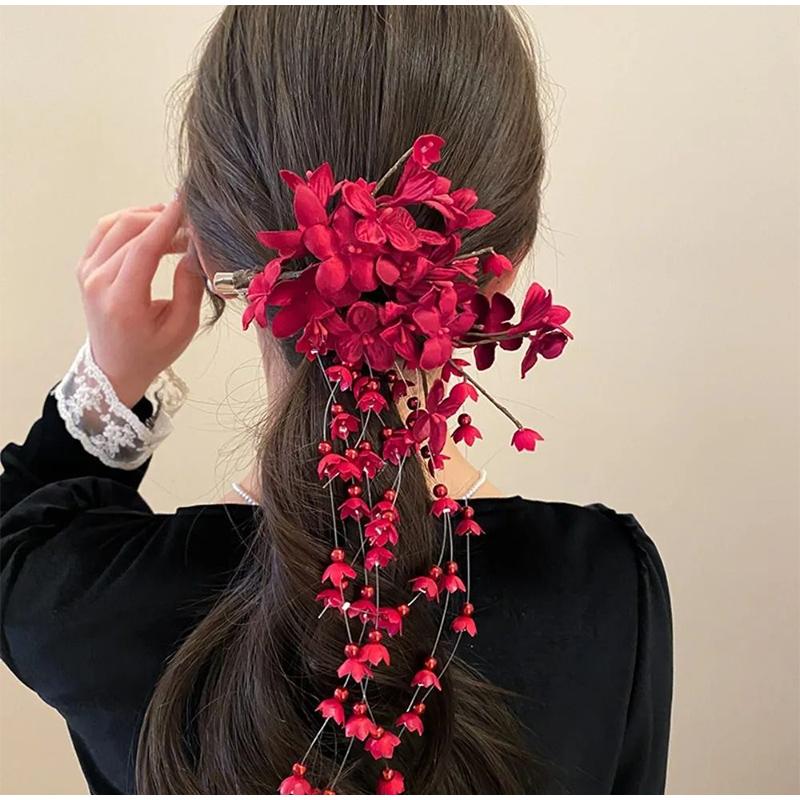 2026 New Chinese Style Flower Hairpin Pearl Luxury Tassel Side Clip Side Clip Bridal Headwear Hairpin Flower Women's Accessories